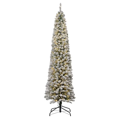 Flocked Pencil Christmas Tree - Green - Warm White & Multi Coloured - 7ft - Micro LED