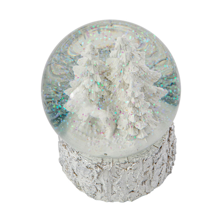Discover a festive scene inside this White Christmas Tree Snow Globe, perfect for the holidays.