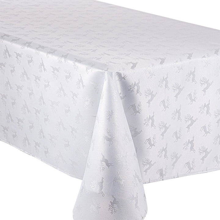 Close-Up of Metallic Deer Tablecloth & Napkins - Ideal for Festive Dining