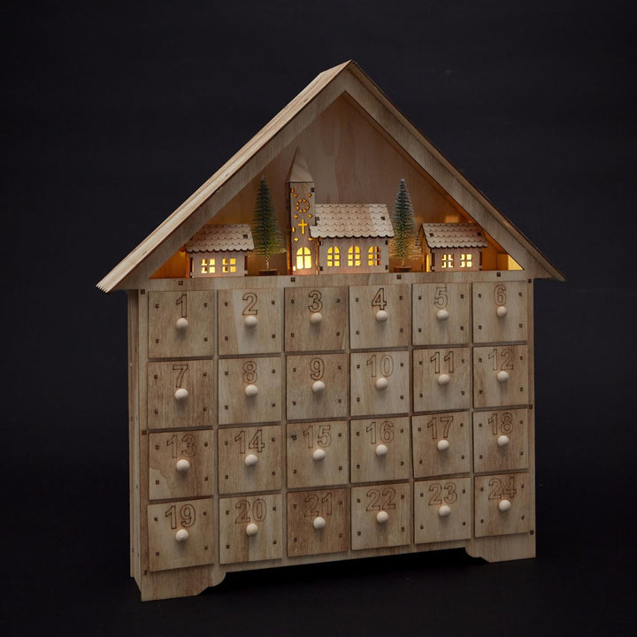 Battery-operated LED lights illuminate this holiday advent calendar.