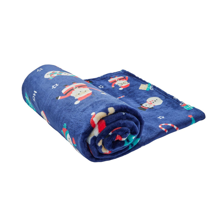 Cosy blue fleece throw with holiday prints of snowmen, Santa, and trees. 50x60in, crafted from 100% recycled materials.