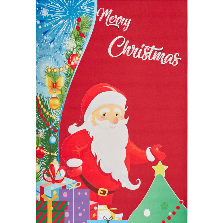 Elevate your decor with this vibrant red floor runner featuring joyful Santa and Snowman designs. Dimensions: 180x60cm.