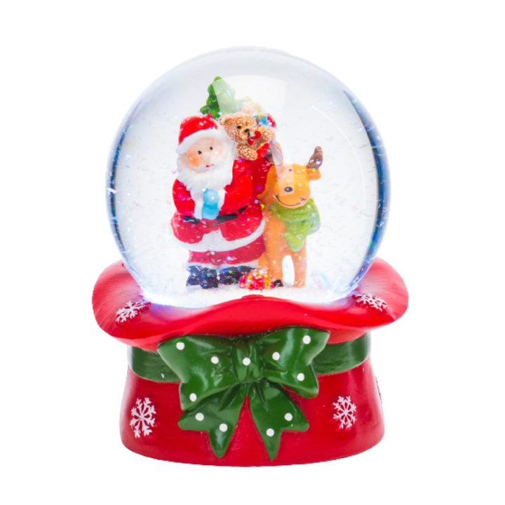 This charming snow globe captures the magic of Christmas with Santa and Rudolph on a festive hat.