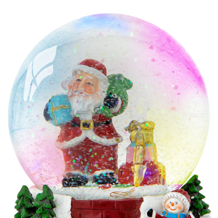 An enchanting water spinner snowglobe with Santa Claus and a child sledging, creating a magical winter atmosphere with sparkling lights and swirling snow.