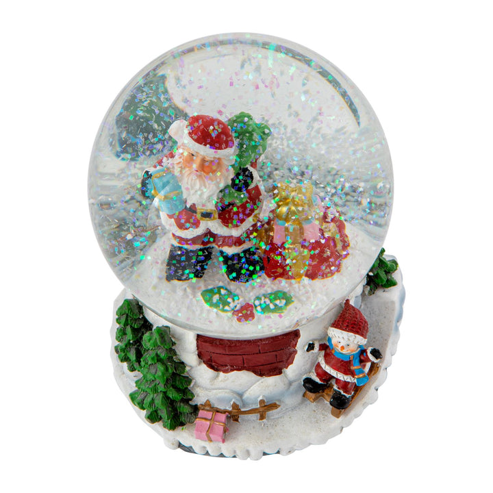 A delightful water spinner snowglobe showcasing the happiness of Christmas, featuring Santa and a child sledging in a glittering winter wonderland, illuminated by LED lights.