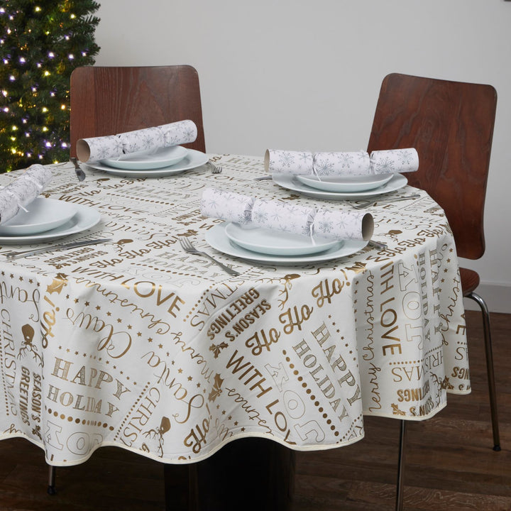 Waterproof tablecloth with golden Christmas words, by Celebright.