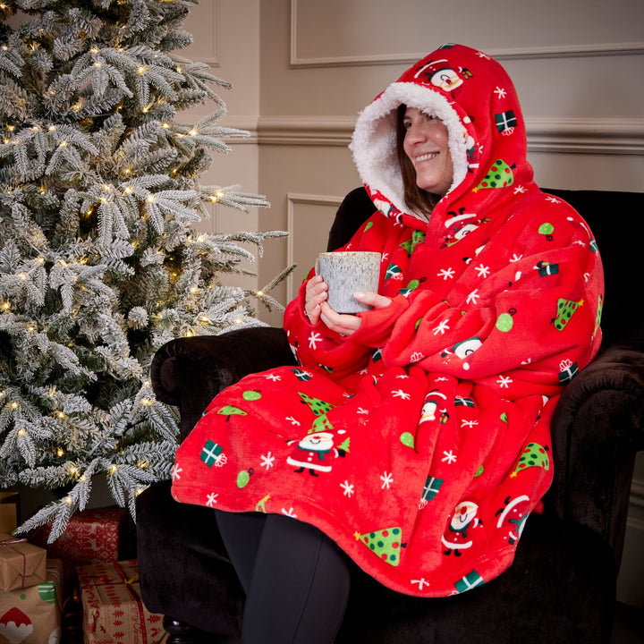 An adult-sized red sherpa hoodie with a jolly Santa Claus motif, ideal for spreading Christmas cheer and warmth.