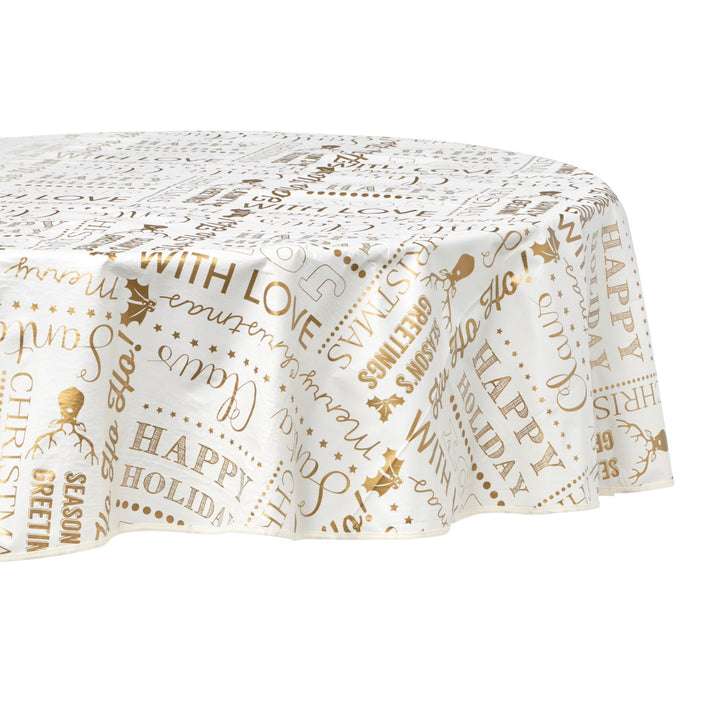 Gleaming gold Christmas words table cover, by Celebright.