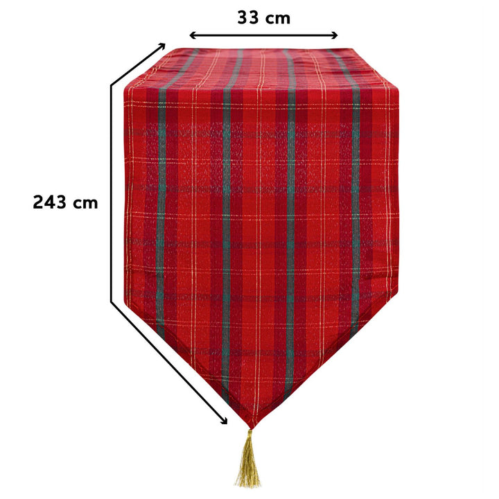 Celebright's Metallic Tartan Table Runner, ideal for creating a festive holiday ambiance - Image with dimensions