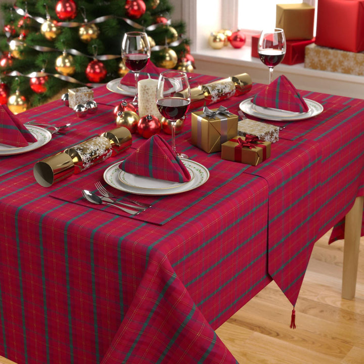 An image of Celebright's Metallic Tartan Tablecloth & Placemats Set, perfect for Christmas dining.