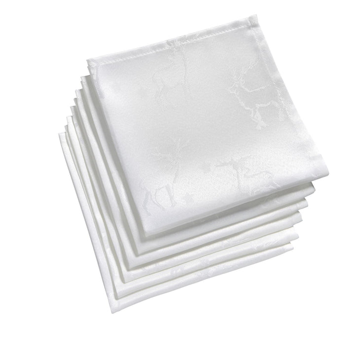 Six white napkins showcasing intricate deer motif from Celebright's premium Deer Collection.