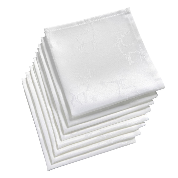 Eight white napkins featuring intricate deer design, part of Celebright's Non Metallic Deer Collection.