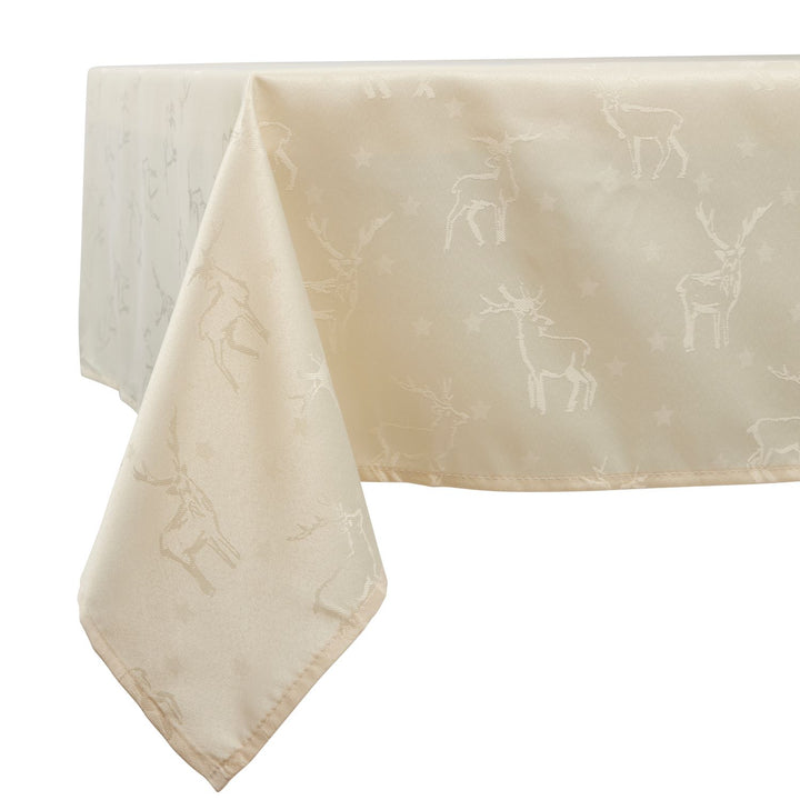 Elegant cream tablecloth with deer motif from Celebright's Non Metallic Deer Collection.