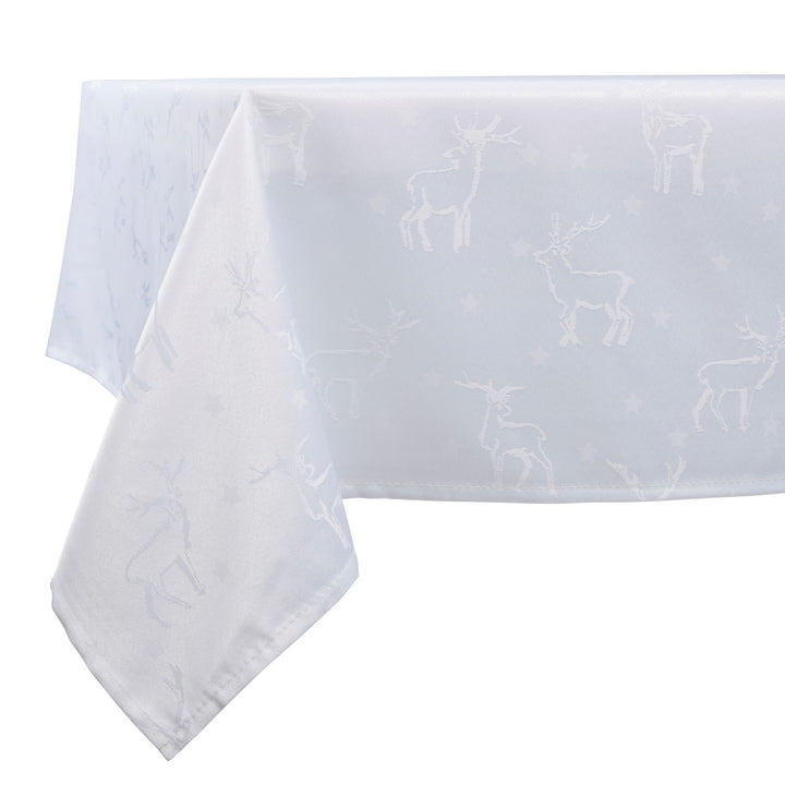 White tablecloth featuring delicate deer illustrations, a statement piece from Celebright's Deer Collection.