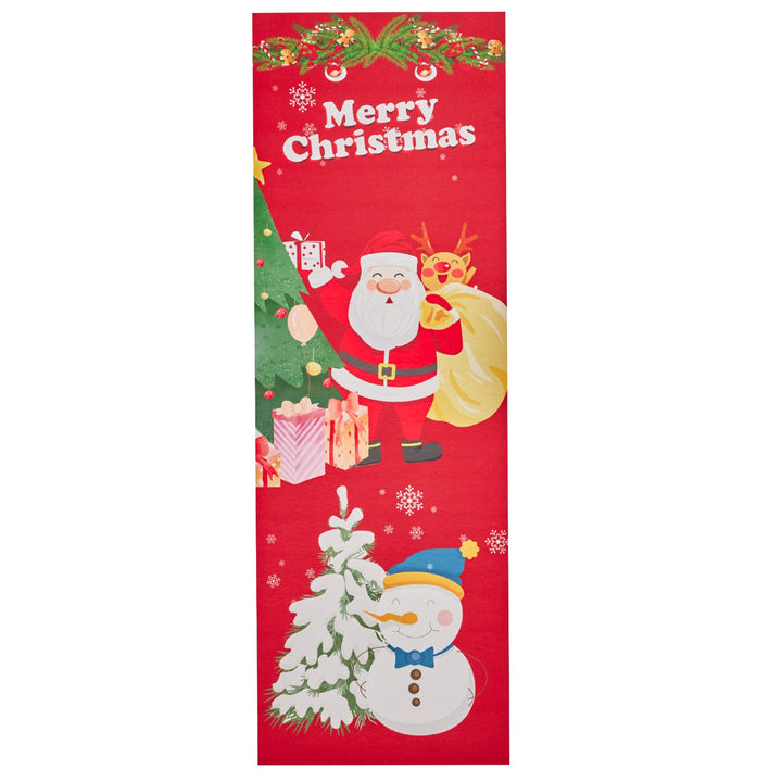 Red floor runner with Santa & Rudolph Design, measuring 180x60cm, perfect for adding holiday charm indoors.