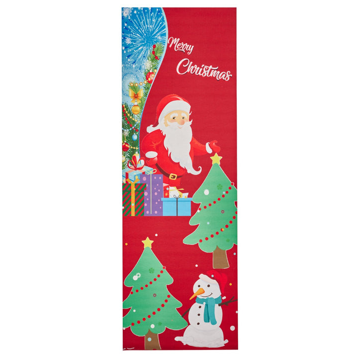 A festive red floor runner featuring adorable Santa and Snowman illustrations. Dimensions: 180x60cm.