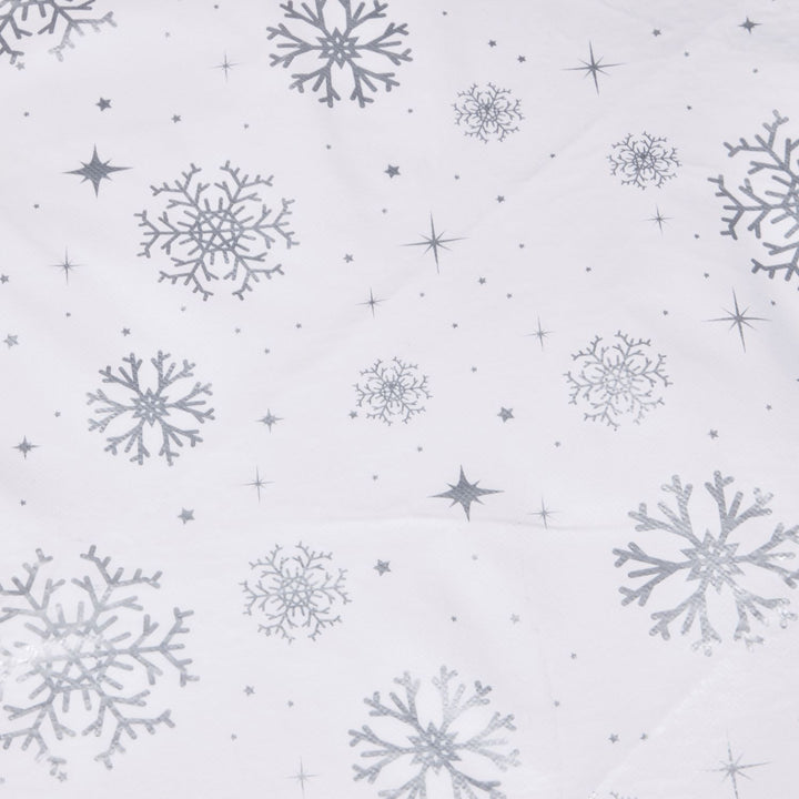 Reusable PVC tablecloth with silver snowflakes, by Celebright.