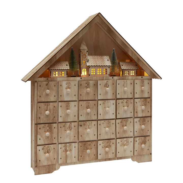 Wooden advent calendar with LED lights, perfect for the holiday season.