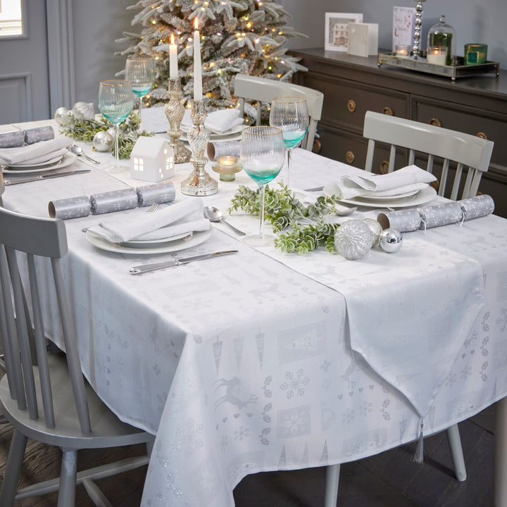 Chic holiday table setting with Celebright's White/Silver Metallic Christmas table runner.