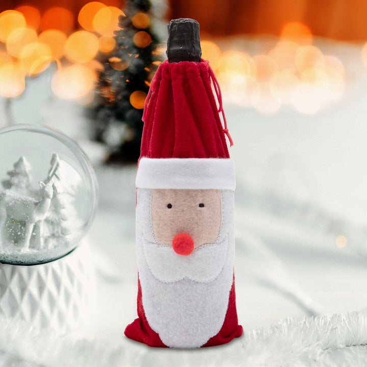 A Christmas-themed wine bottle cover with a jolly Santa Claus design, great for gifting and holiday table decoration.