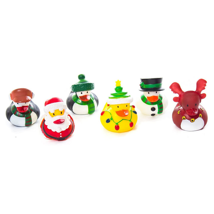 An arrangement of all six Christmas rubber ducks, including Santa and reindeer designs.