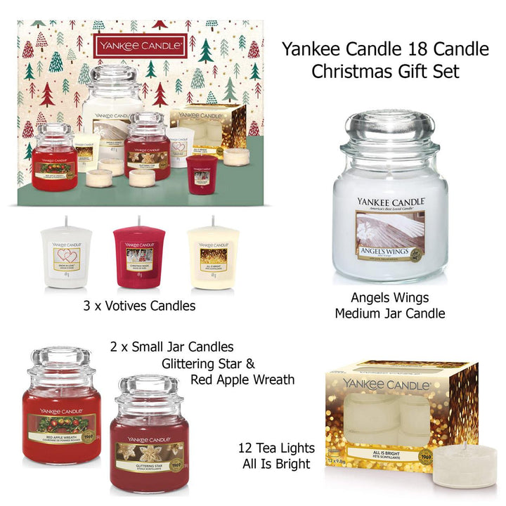 A close-up view of Christmas-scented jar candles from the Yankee Candle gift set.