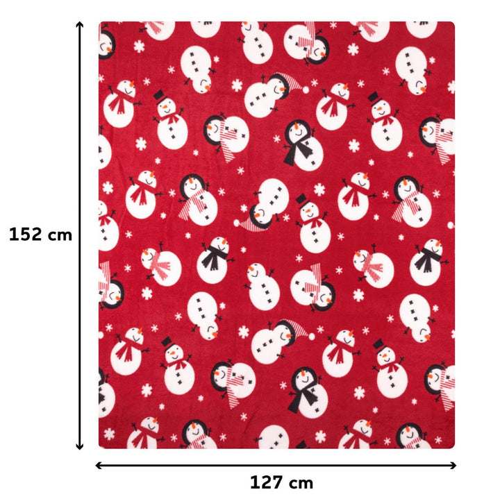 A detailed close-up view of the soft and cozy Snowman Red fleece throw blanket, showcasing its charming snowman designs.