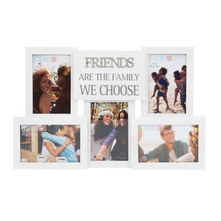 Collage photo frame made of sturdy materials featuring metal words that spell 'Friends.' The frame includes multiple photo slots for displaying cherished memories. Perfect for showcasing your favourite photos with dear friends.