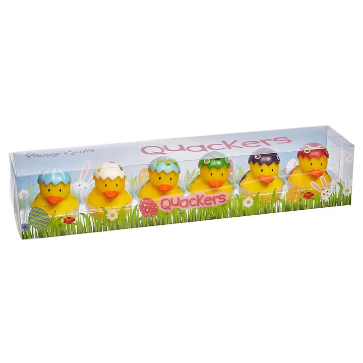 Close-up of six vibrantly colored rubber ducks with Easter egg designs.