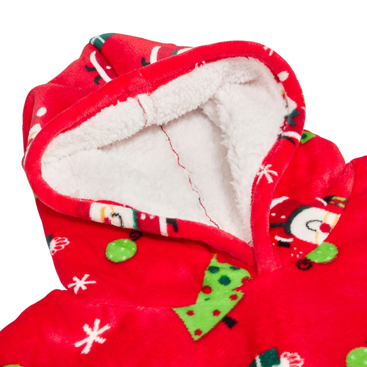A warm red sherpa hoodie featuring a festive Santa design, perfect for the holiday season. Sized for adults.