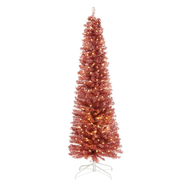 Illuminate your holidays with an elegant 6ft Pencil Pre Lit Christmas Tree in Rose Gold, casting a warm white glow.