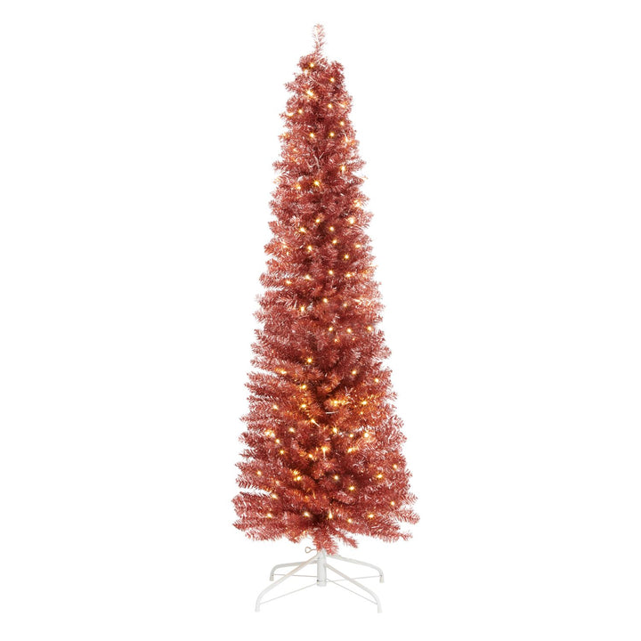 Enhance the coziness of your holidays with a sleek 6ft Rose Gold Pencil Pre Lit Christmas Tree.