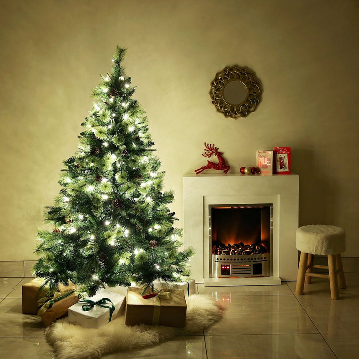 A 7ft Sherwood Christmas Tree featuring a warm white lighting scheme for an elegant holiday ambiance.