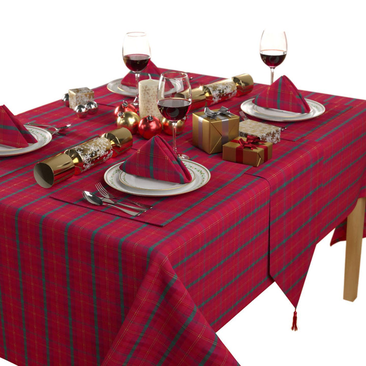 An elegant holiday table setting featuring Celebright's Metallic Tartan Collection.