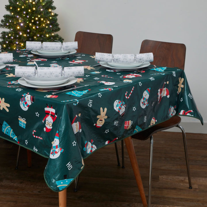Christmas-themed tablecloths transforming a dining area into a festive wonderland.