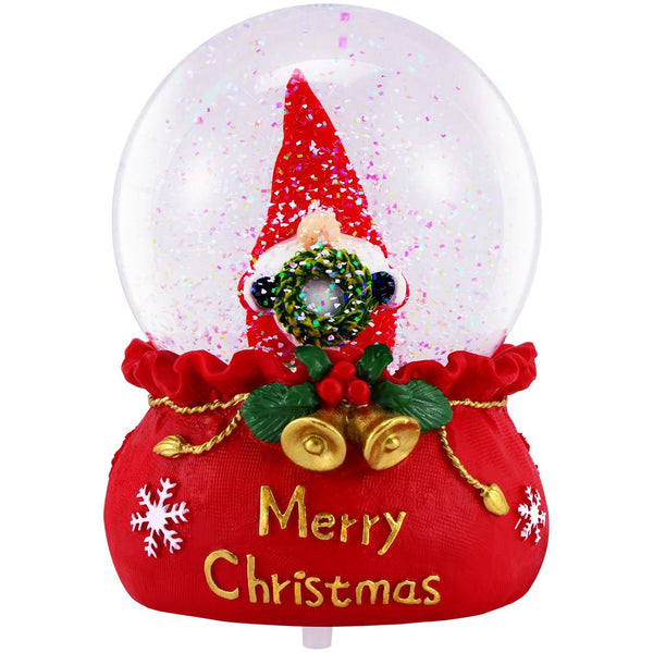 A Glass Snow Globe featuring Gonk with a Wreath, illuminating with vibrant LEDs and snowfall effect, perfect for festive decorations.