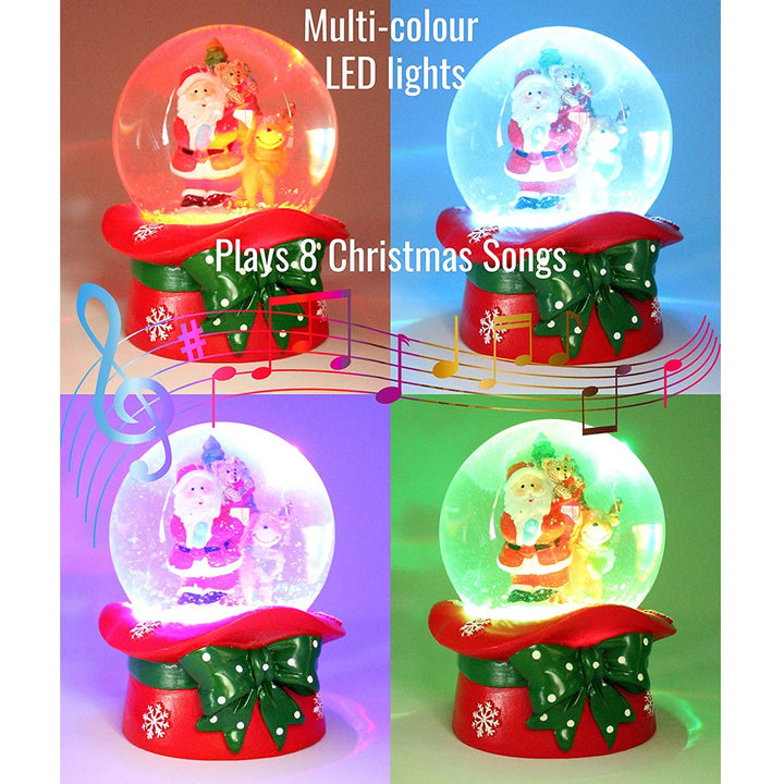 Enjoy the enchanting melody as you gaze upon Santa & Rudolph inside this musical snow globe.