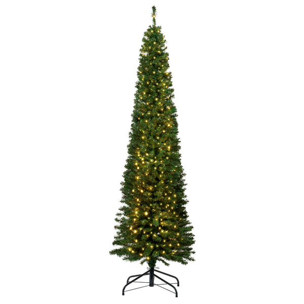 A narrow 6ft Christmas tree, pre-lit with micro LED lights, creating a cozy and inviting holiday atmosphere.