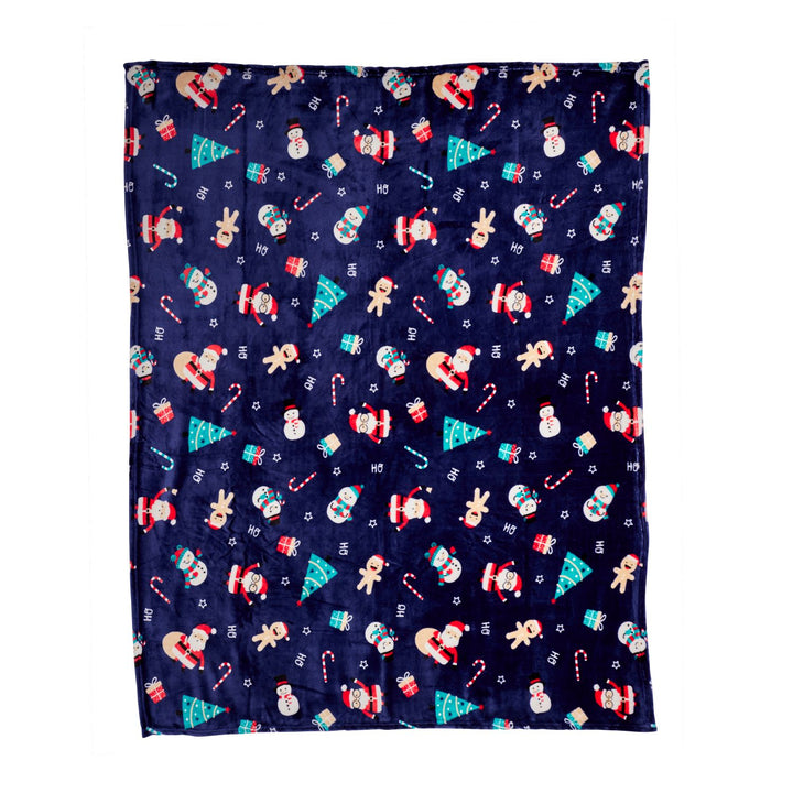 Vibrant blue fleece blanket with holiday designs. 50x60in, eco-conscious choice made from 100% recycled materials.