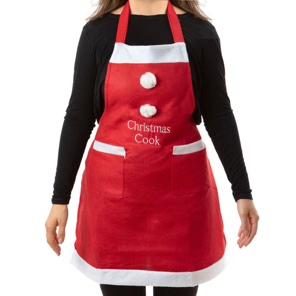 Red kitchen apron with embroidered cook motif, perfect for holiday cooking.