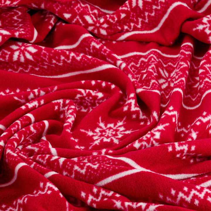 A holiday-themed fleece throw in cheerful red, perfect for adding warmth and joy to your winter decor.