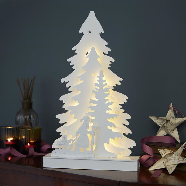 Image of a red pre-lit wooden Christmas ornament.