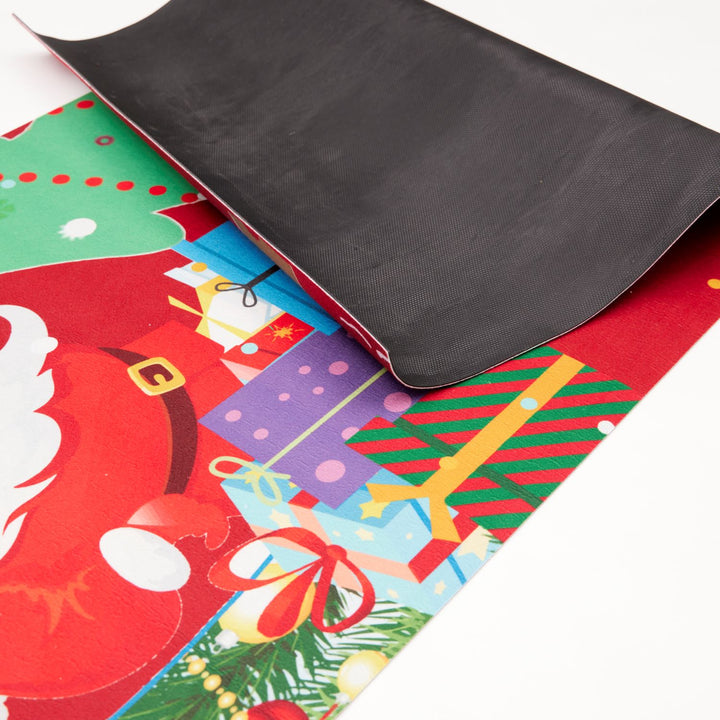 A cheerful red floor mat showcasing delightful Santa and Snowman characters. Size: 180x60cm.