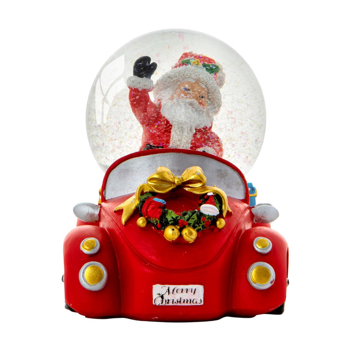 A decorative Christmas snow globe featuring Santa Claus driving a car, perfect for your holiday home adornment.
