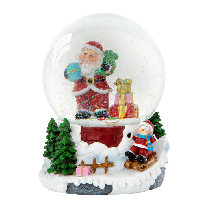 A heartwarming Christmas snowglobe with a magical water spinner, featuring a jolly Santa Claus and a child on a sled, set against a snowy backdrop with twinkling LED lights.