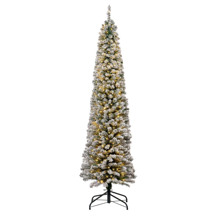 A slender 6ft flocked pencil Christmas tree in vibrant green, illuminated with warm white and multi-colored micro LED lights.
