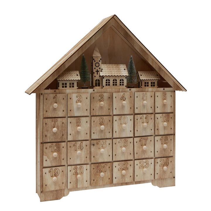 A freestanding wooden advent calendar adds a festive touch to your decor.