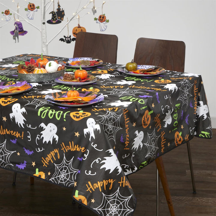 PVC tablecloths adorned with friendly ghosts, creating a playful and charming atmosphere for your Halloween gathering.
