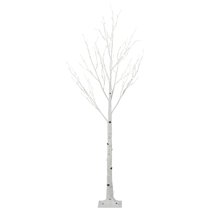 A 6-foot tall decorative white birch tree adorned with glowing warm white lights, creating a cozy and enchanting ambiance.
