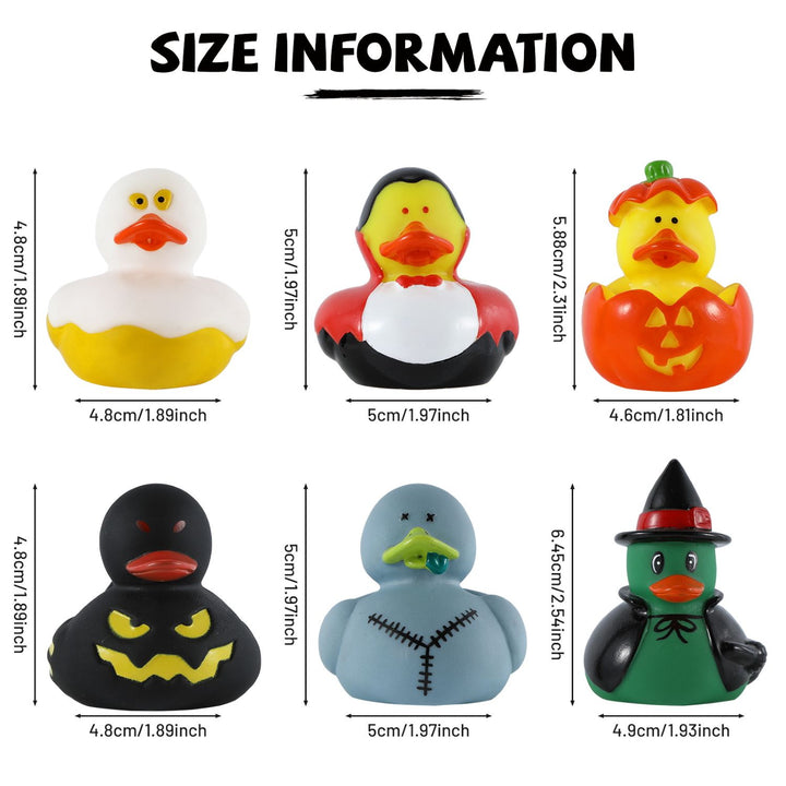 Six rubber ducks dressed in various Halloween-themed costumes.